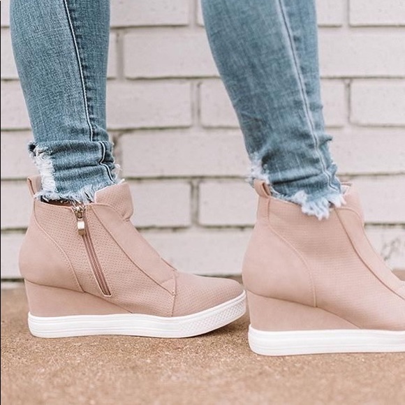 Blush pink perforated vegan suede side zip sneaker wedges 6 8.5 9 - Picture 4 of 8